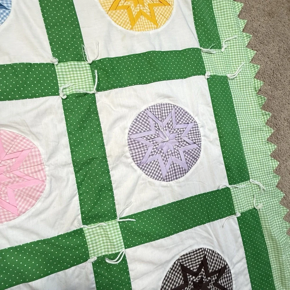 Vintage Handmade Patchwork Quilt Green Star Applique Tied Lap Throw Cottagecore